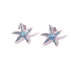 Sterling Silver 925 Starfish Stud Earrings With Blue Enamel