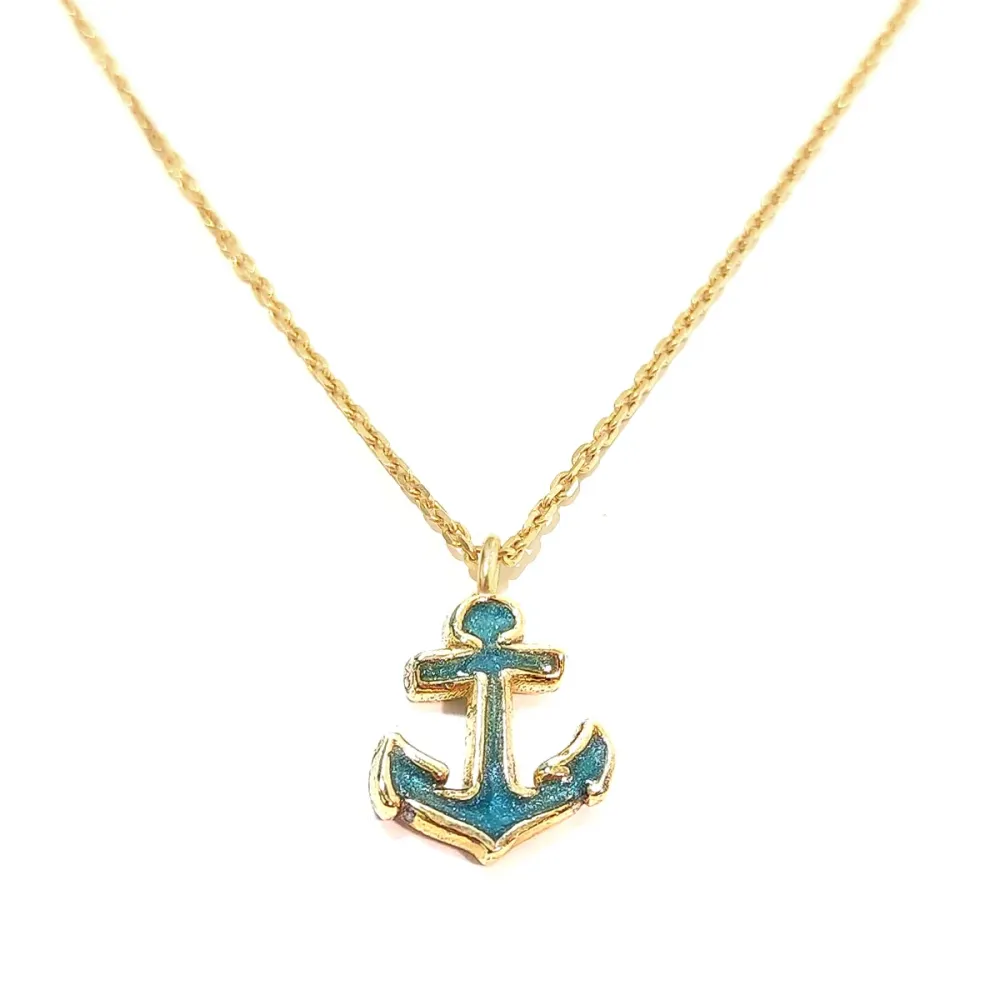 Gold Plated Sterling Silver 925 Anchor Pendant Necklace With Blue Enamel