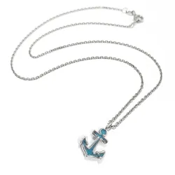 Sterling Silver 925 Anchor Pendant Necklace With Blue Enamel