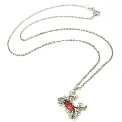 Sterling Silver 925 Crab Pendant Necklace With Red Enamel