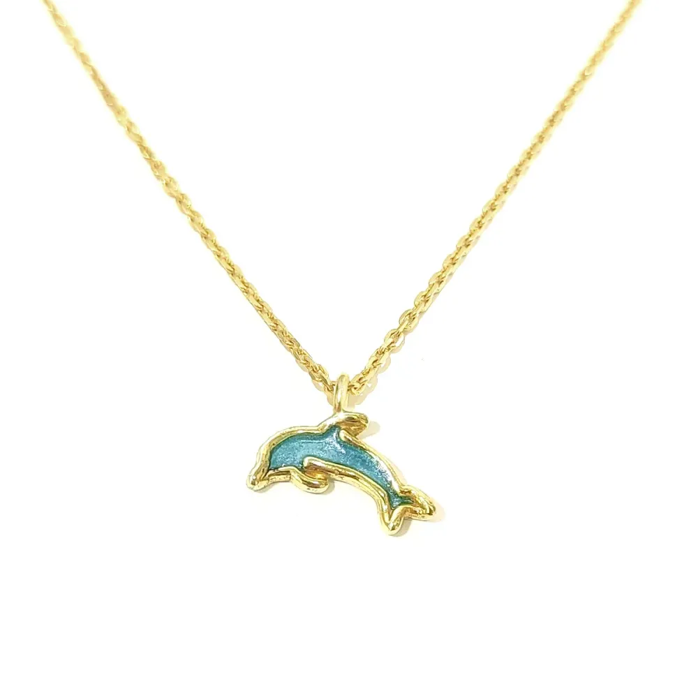Gold Plated Sterling Silver 925 Dolphin Pendant Necklace With Blue Enamel