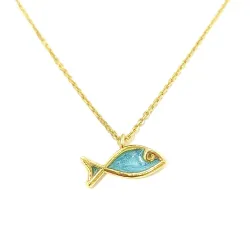 Gold Plated Sterling Silver 925 Fish Pendant Necklace With Blue Enamel