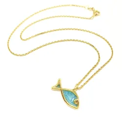 Gold Plated Sterling Silver 925 Fish Pendant Necklace With Blue Enamel