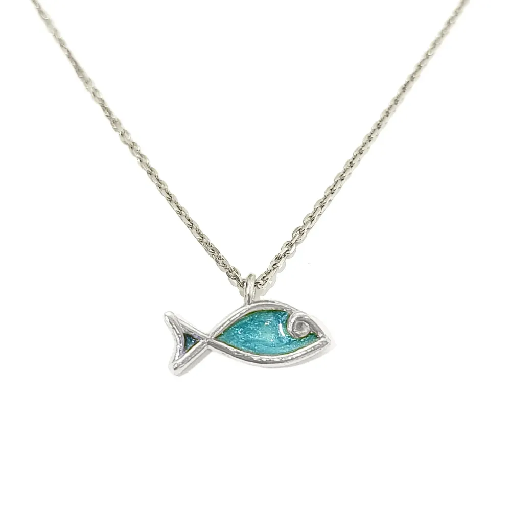 Sterling Silver 925 Fish Pendant Necklace With Blue Enamel