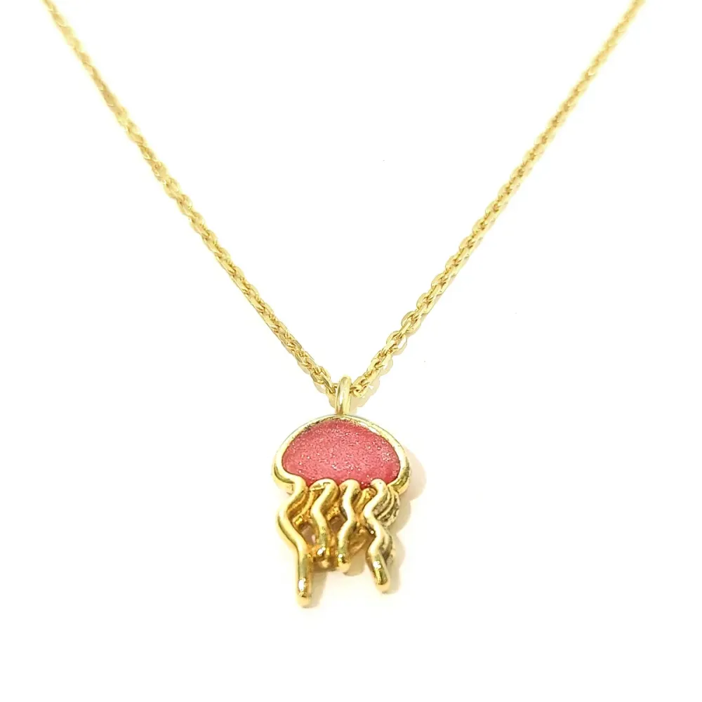 Gold Plated Sterling Silver 925 Jellyfish Pendant Necklace With Pink Enamel