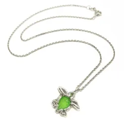 Sterling Silver 925 Sea Turtle Pendant Necklace With Green Enamel