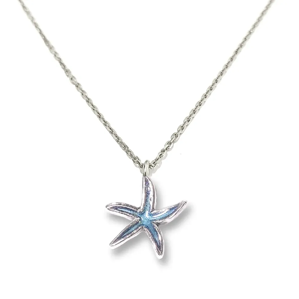 Sterling Silver 925 Starfish Pendant Necklace With Blue Enamel