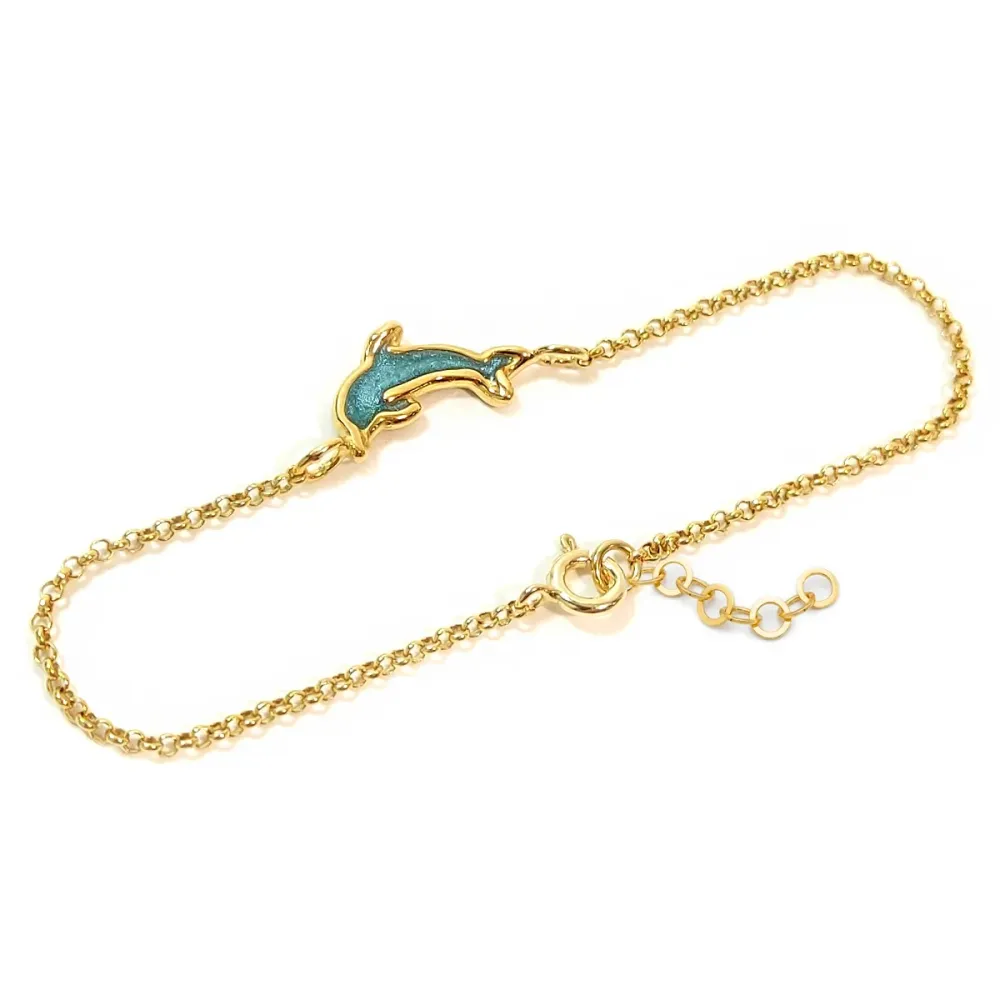 Gold Plated Sterling Silver 925 Dolphin Bracelet With Blue Enamel