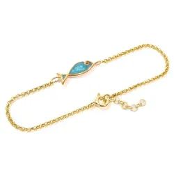 Gold Plated Sterling Silver 925 Fish Bracelet With Blue Enamel