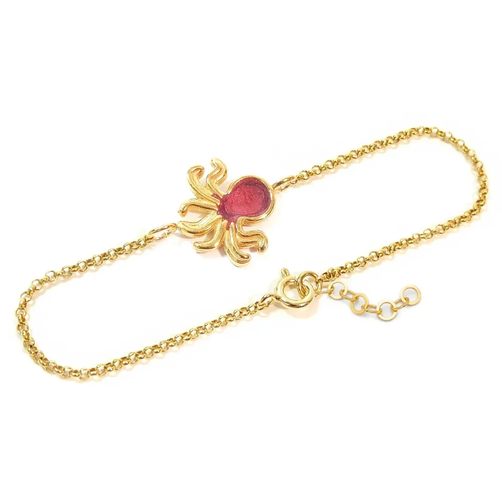 Gold Plated Sterling Silver 925 Octopus Bracelet With Red Enamel