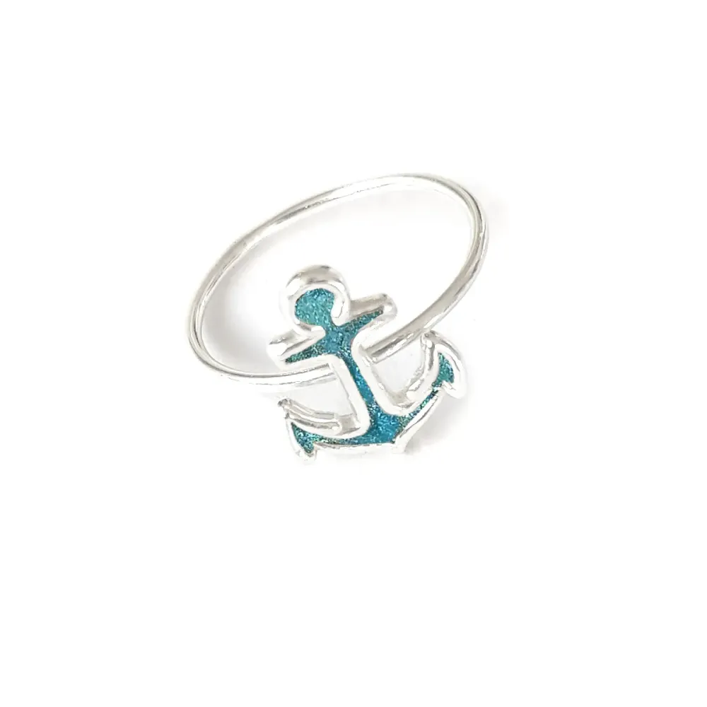 Sterling Silver 925 Anchor Ring With Blue Enamel