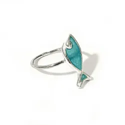 Sterling Silver 925 Fish Ring With Blue Enamel