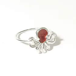 Sterling Silver 925 Octopus Ring With Red Enamel