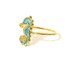 Gold Plated Sterling Silver 925 Seahorse Ring With Blue Enamel