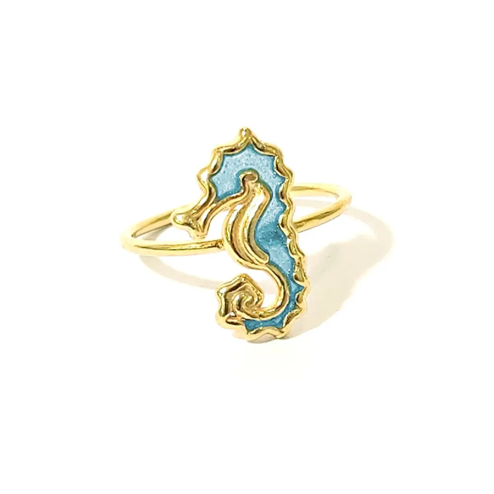 Gold Plated Sterling Silver 925 Seahorse Ring With Blue Enamel