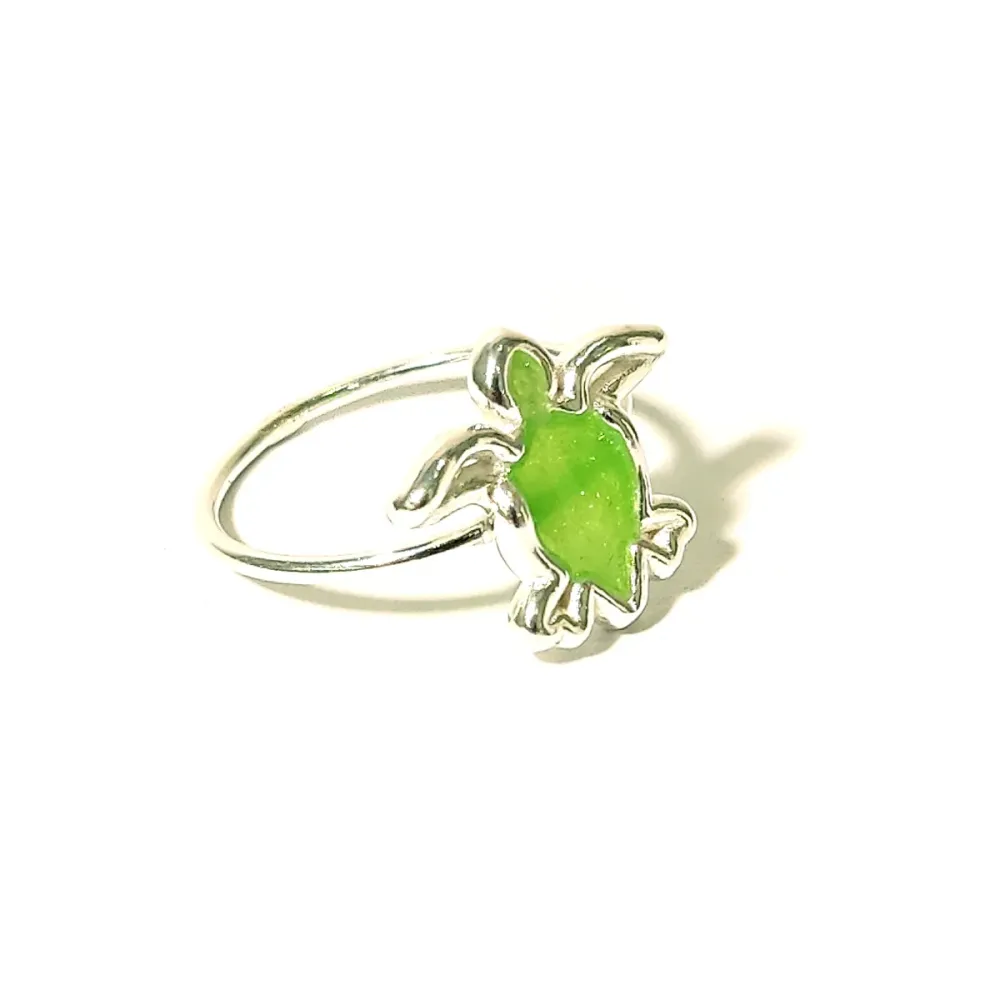 Sterling Silver 925 Sea Turtle Ring With Green Enamel
