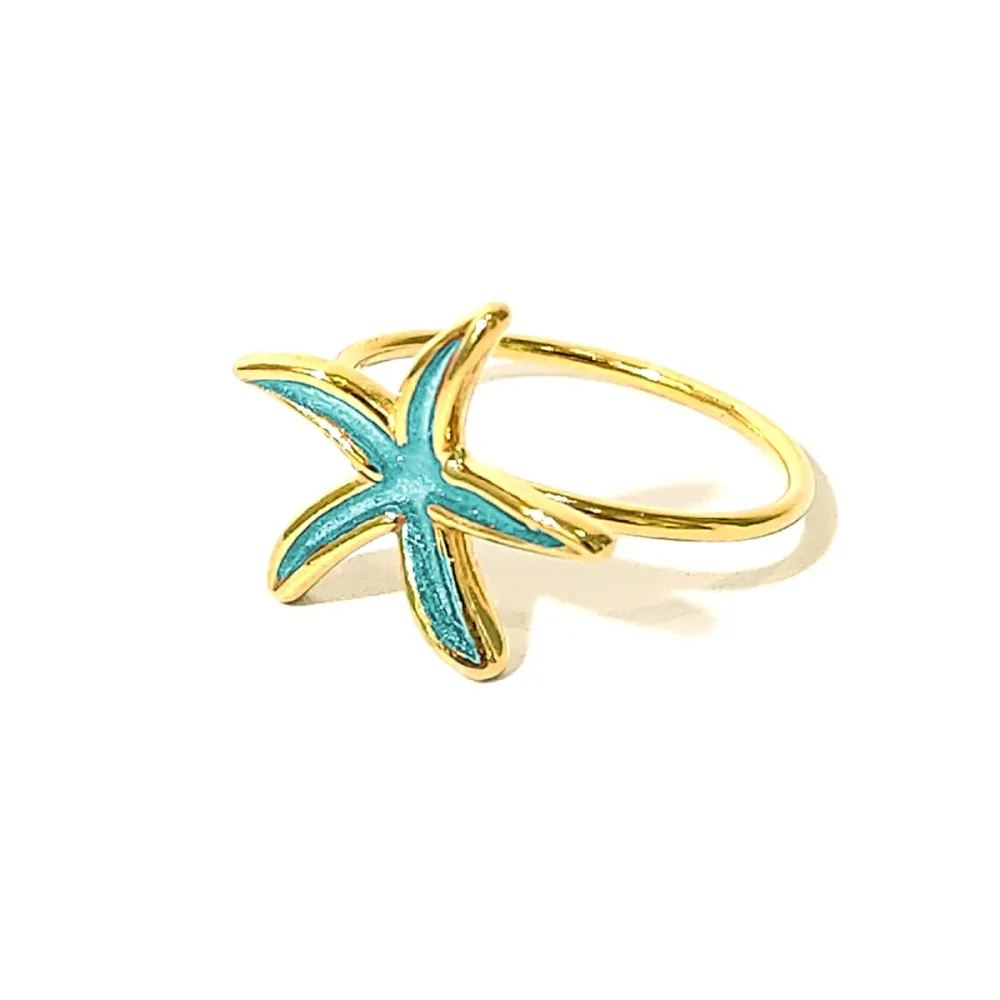 Gold Plated Sterling Silver 925 Starfish Ring With Blue Enamel
