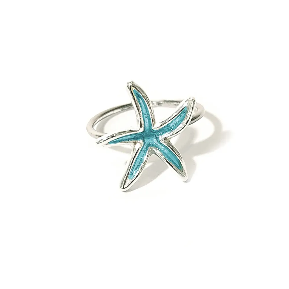 Sterling Silver 925 Starfish Ring With Blue Enamel