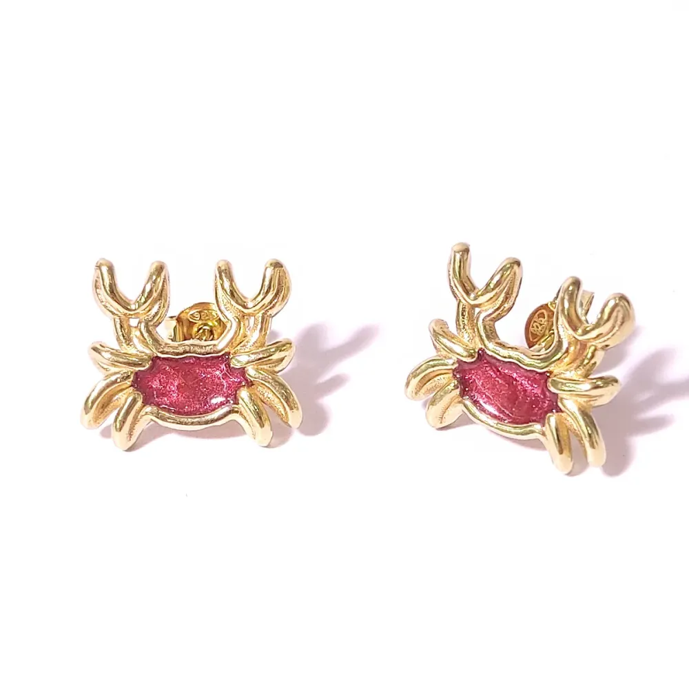 Gold Plated Sterling Silver 925 Crab Stud Earrings with Red Enamel