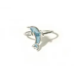 Sterling Silver 925 Dolphin Ring With Blue Enamel