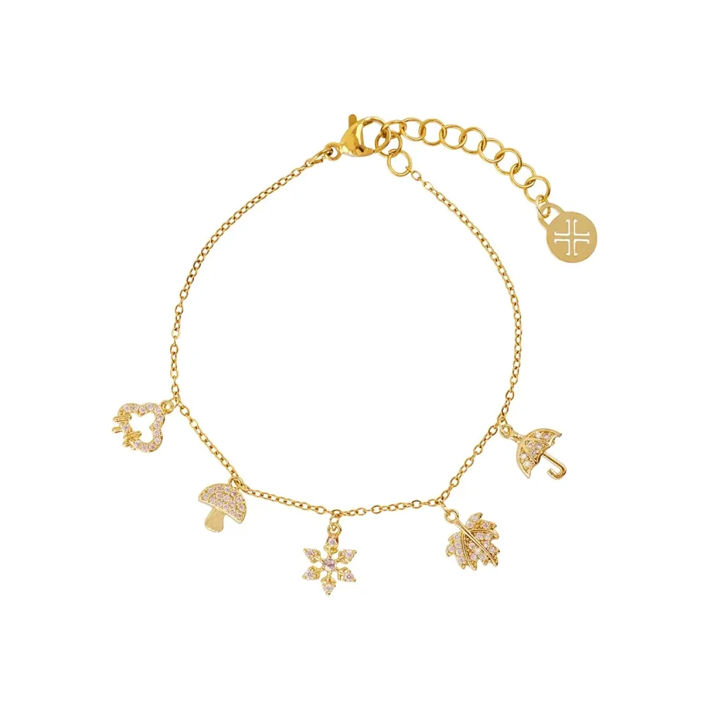 Flower and Charm Chain Bracelet in gold-plated stainless steel