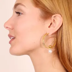 Open Hoop Earrings with White Bead in gold-plated stainless steel