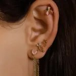 Single Heart and Chain Piercing with Pink Zirconia in gold-plated stainless steel | MY KOSMIMA