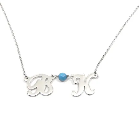 Platinum Plated Necklace with Initials & Turquoise Bead