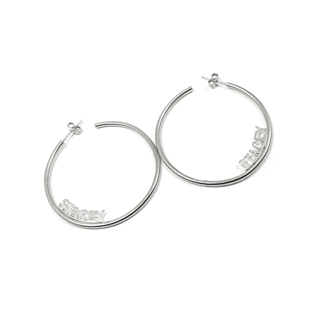 Hoop earrings with your name or date, sterling silver platinum plated Hoop earrings with your name or date, sterling silver platinum plated