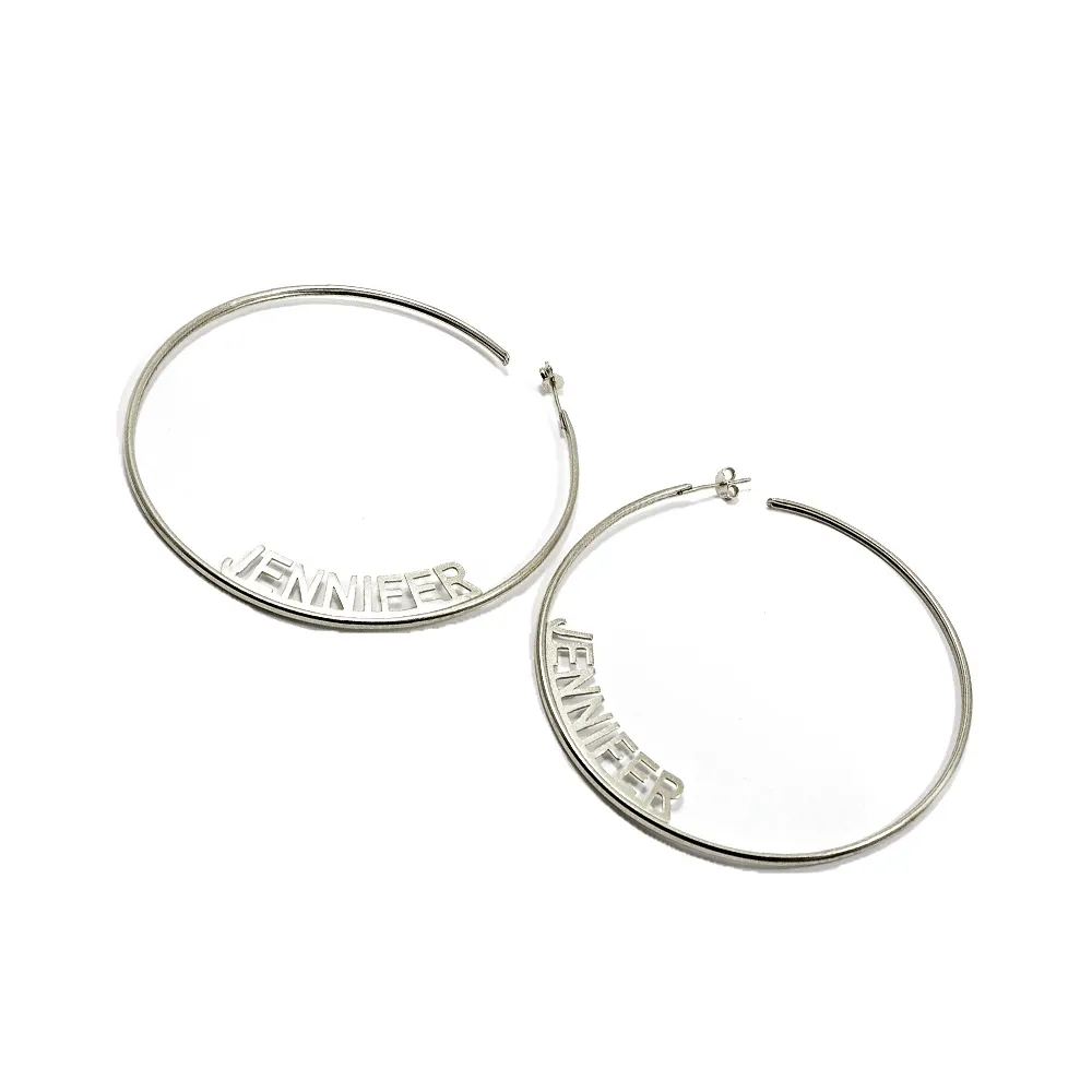 Big hoop earrings with your name or date, sterling silver platinum plated Big hoop earrings with your name or date, sterling silver platinum plated