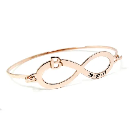 Bangle bracelet with infinity, monogram and date on sterling silver gold plated