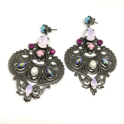 Large handmade brass earrings with black rhodium plated and swarovski crystals