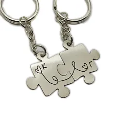 Double puzzle keychain with monograms made of nickel silver with stainless steel ring