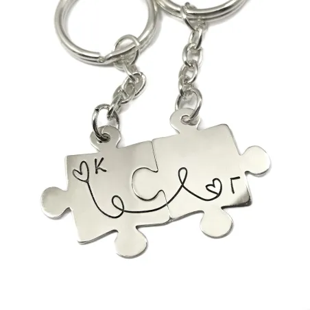 Double puzzle keychain with monograms made of brass with stainless steel ring