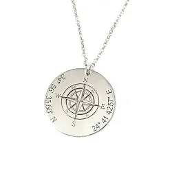 Compass and coordinates necklace in sterling silver platinum plated