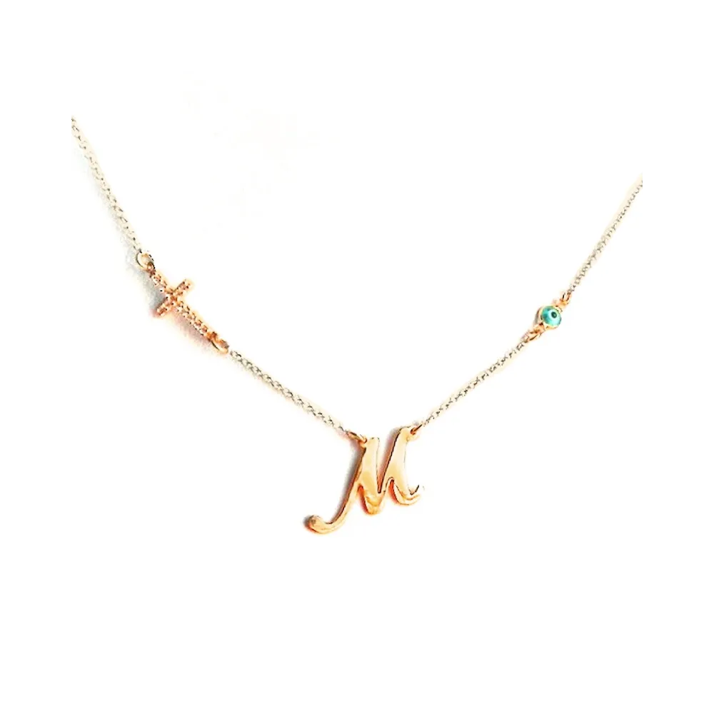 Silver necklace with monogram, rhinestone cross, evil eye, gold plated Silver necklace with monogram, rhinestone cross, evil eye, gold plated