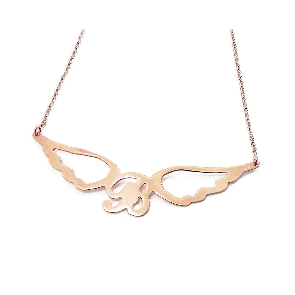Κολιέ με μεγάλο μονόγραμμα με φτερά και αλυσίδα σε ασήμι 925 ροζ επιχρυσωμένο