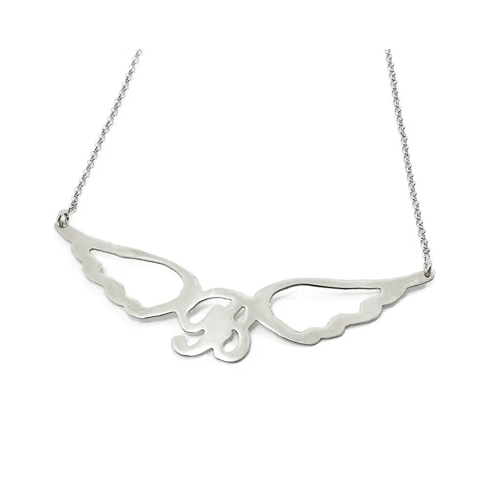 Silver necklace with big monogram with wings platinum plated