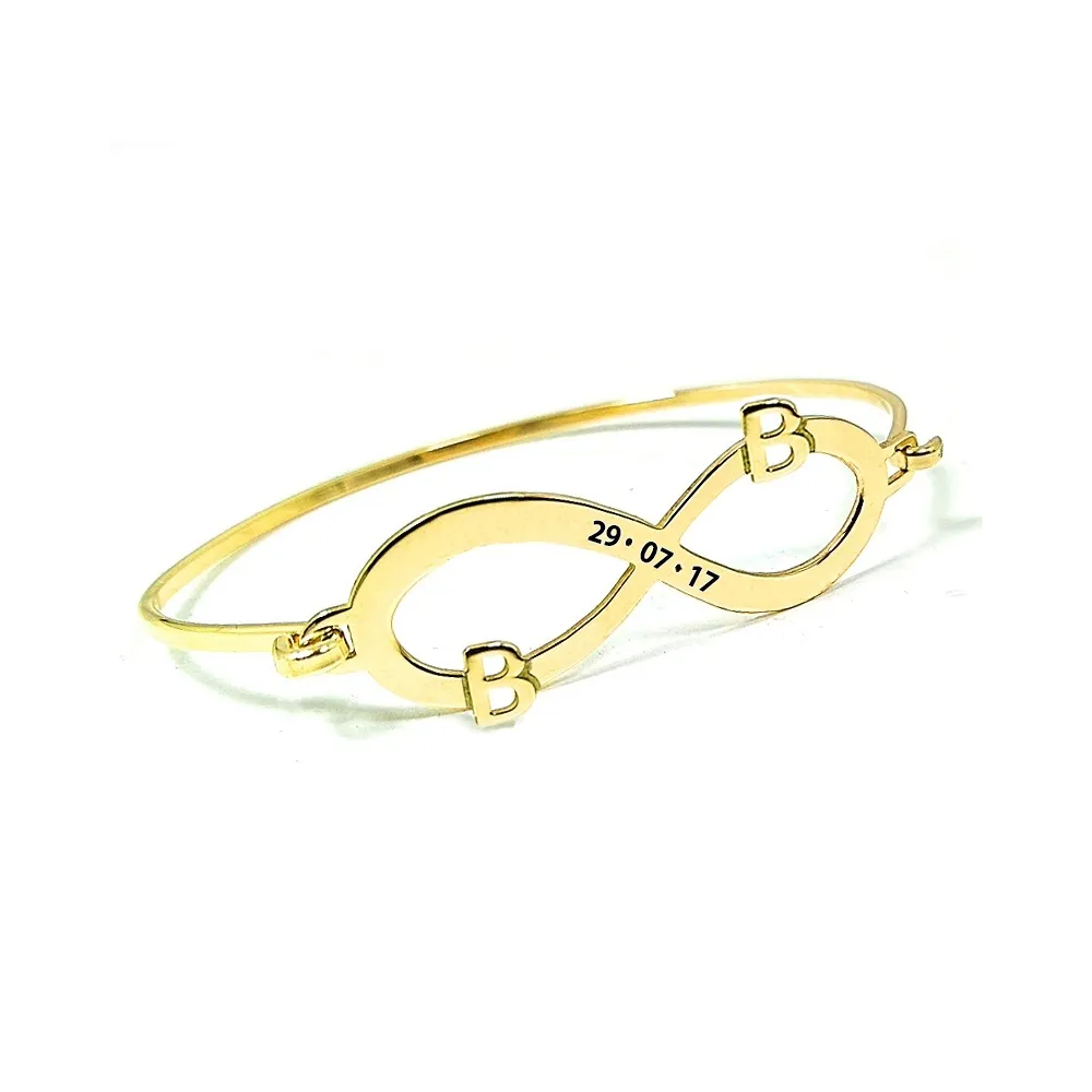 Bangle bracelet with infinity, monograms and date on gold platedsterling silver Bangle bracelet with infinity, monograms and date on gold platedsterling silver