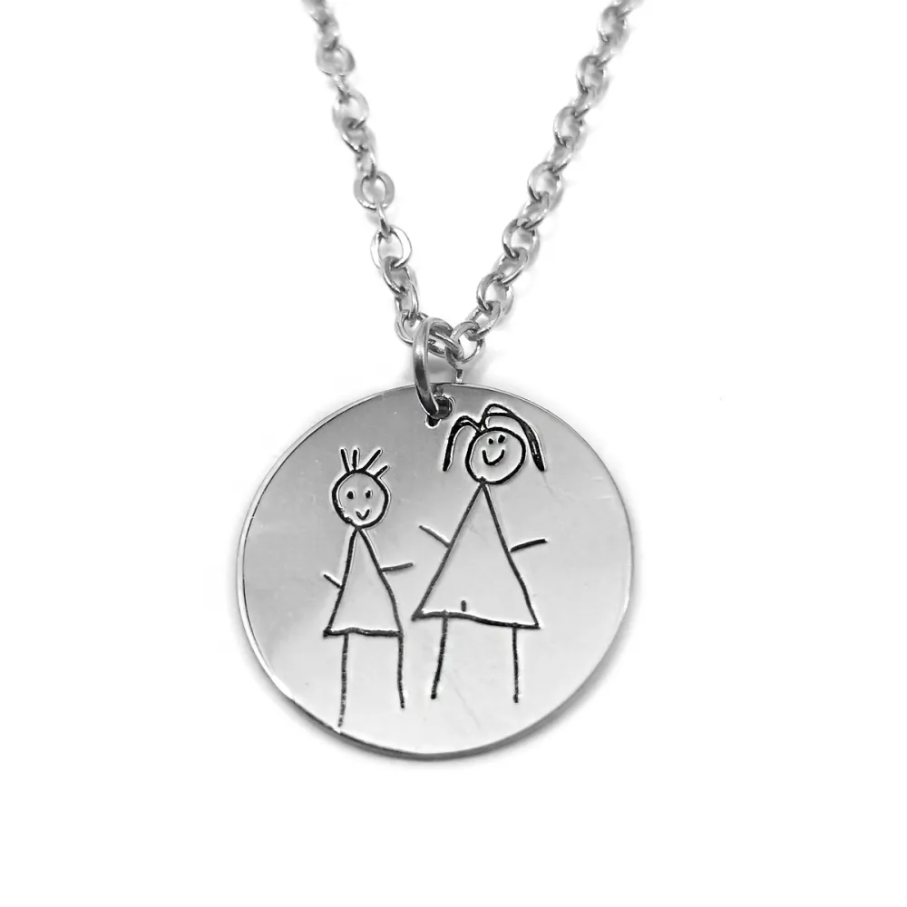 Platinum plated silver pendant with engraved kid drawing, stainless steel chain Platinum plated silver pendant with engraved kid drawing, stainless steel chain