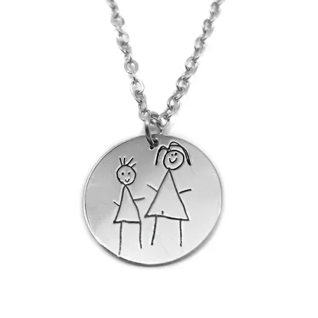 Platinum plated silver pendant with engraved kid drawing, stainless steel chain