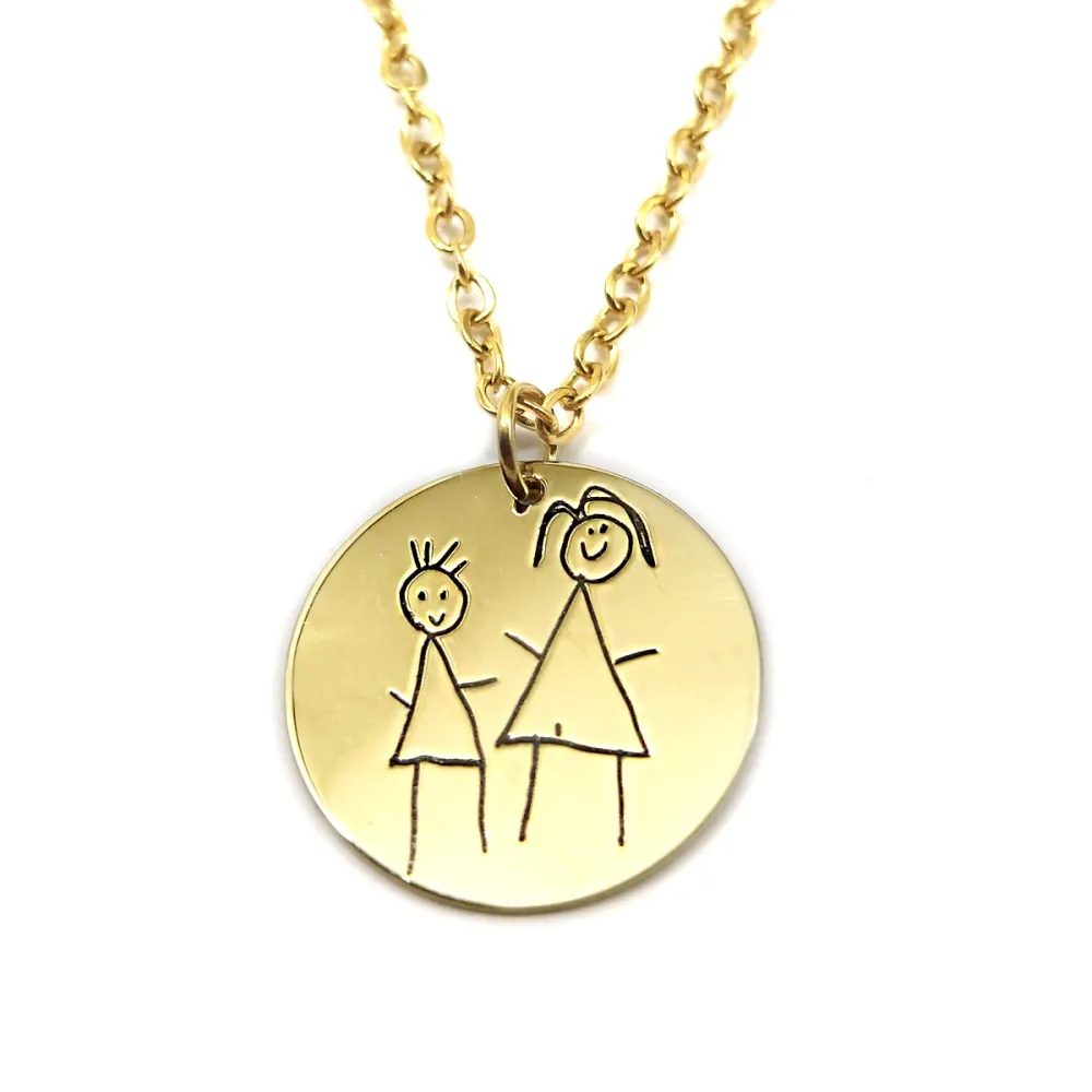 Gold plated silver pendant with engraved kid drawing, stainless steel chain