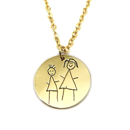 Gold plated silver pendant with engraved kid drawing, stainless steel chain