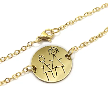 Ασημένιο επιχρυσωμένο βραχιόλι με χάραξη παιδικής ζωγραφιάς, ατσάλινη αλυσίδα