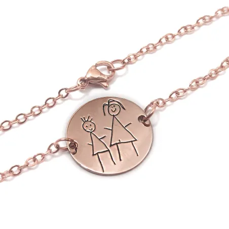 Rose Gold plated silver bracelet with engraved kid drawing, stainless steel chaing