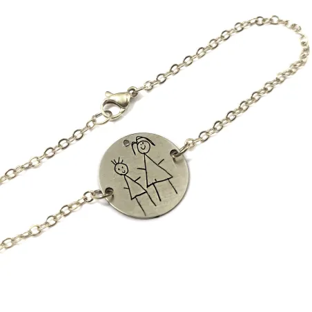 Nickel silver bracelet with engraved kid drawing, stainless steel chain