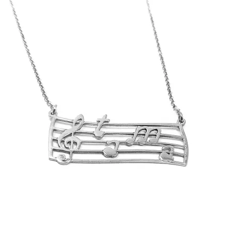Silver platinum plated musical pentagram necklace with monograms as notes
