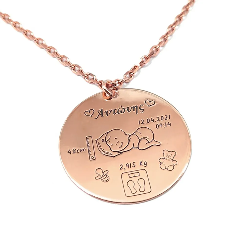 Rose gold plated sterling silver necklace with the birth details of your boy