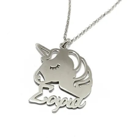 Unicorn necklace with name in platinum plated sterling silver