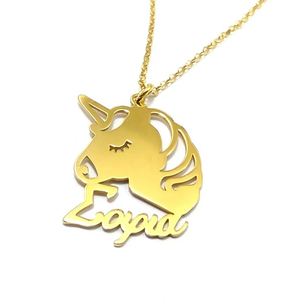 Unicorn necklace with name in yellow gold plated sterling silver